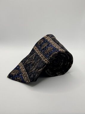 Pierre Cardin Vintage Geometric Silk Tie Blue Brown Tan Made in USA